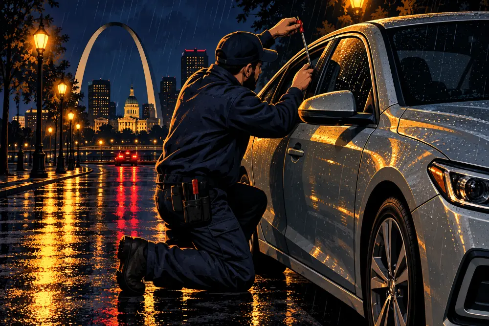 Locksmith Hero technician opening a locked car door with a long reach tool on a wet St. Louis street at night