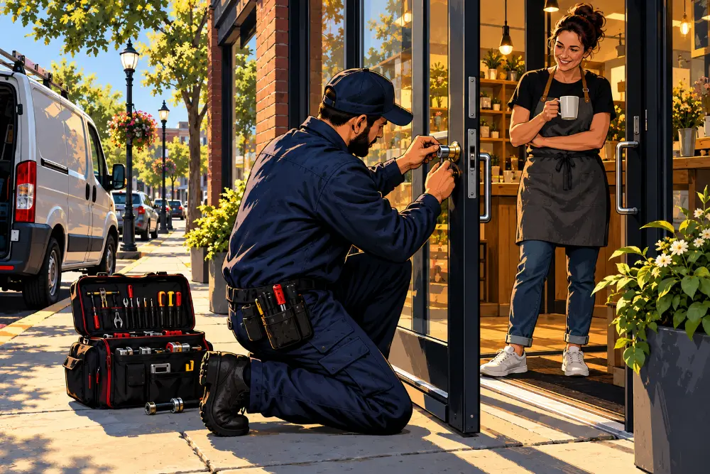 Locksmith working on a commercial storefront lock in St. Louis